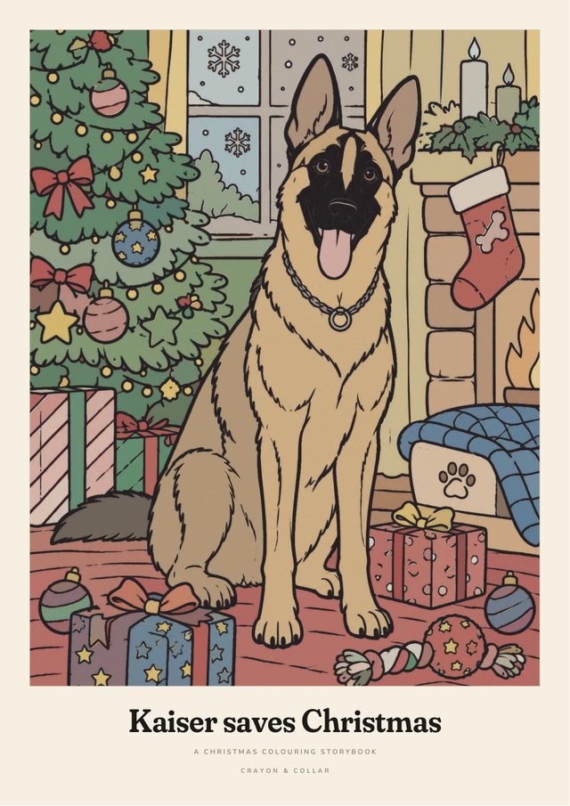 The finished book: Kaiser saves Christmas, with Kaiser in a Santa hat on the cover