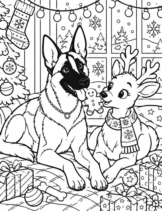 Step 3: a colouring page of Kaiser sharing a gingerbread biscuit with a reindeer by the Christmas tree
